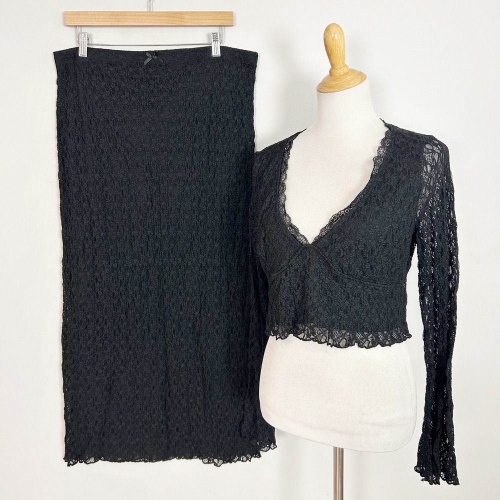Women's Y2k 2 Piece Skirt Set Black Floral Lace Whimsigoth Witchy Size XL Women